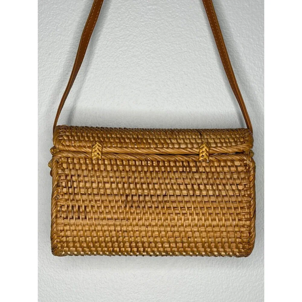 Handwoven Rattan Shoulder Leather Strap Floral Lined Bag
